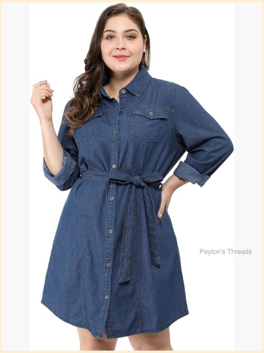 Plus Size Denim Shirt Dress Long Sleeve Button Down with Pocket Tie Belt